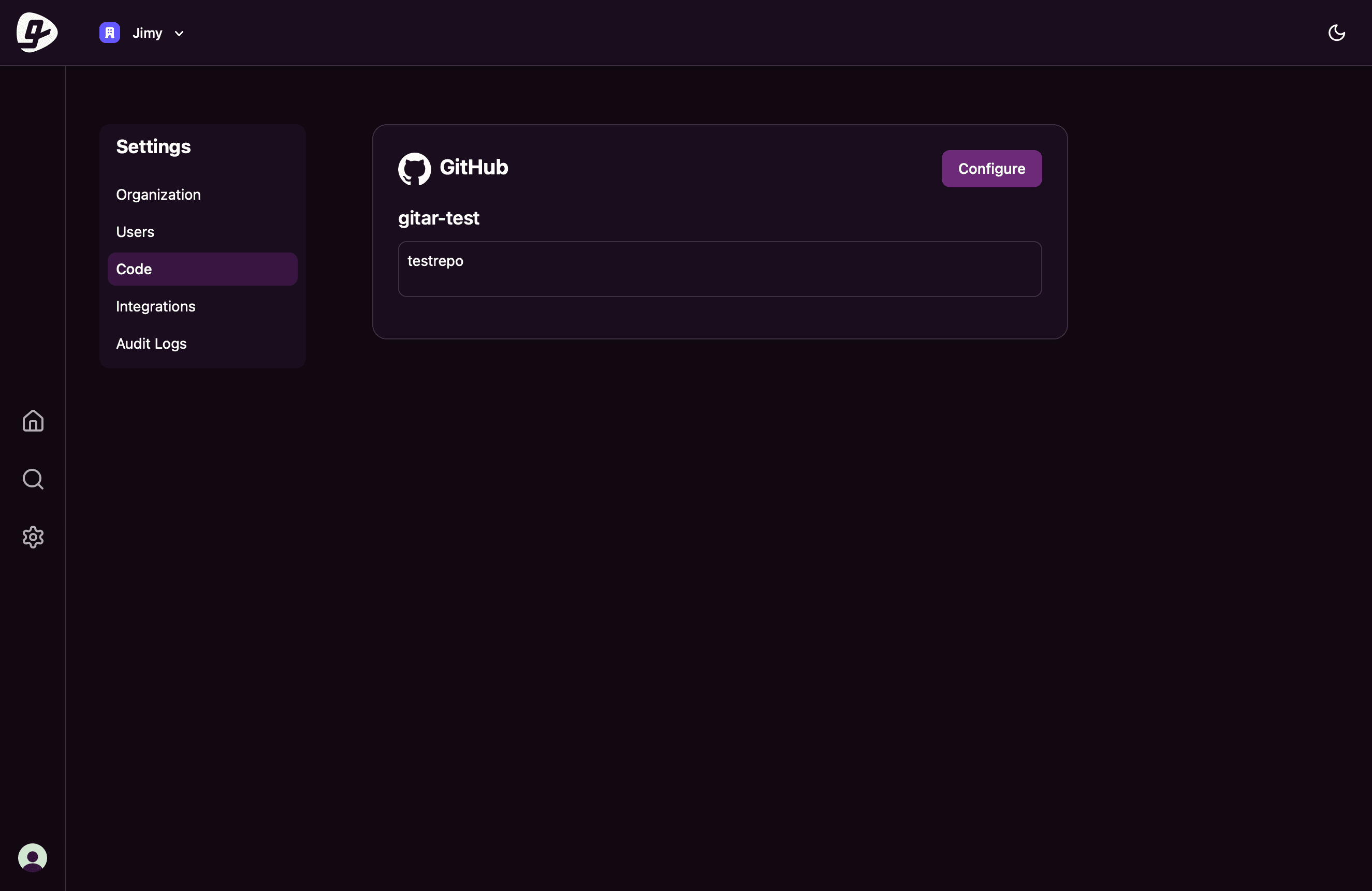Gitar Settings Code screen