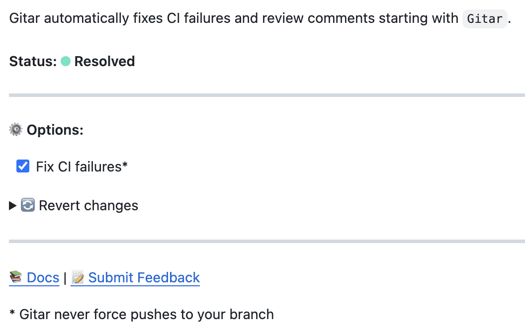 Gitar dashboard comment