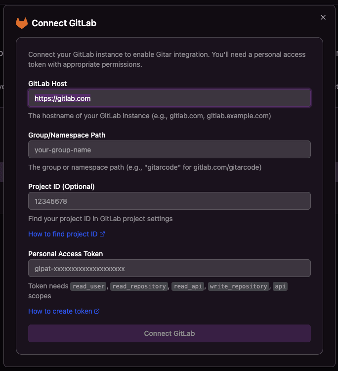 GitLab manual setup screen showing configuration fields