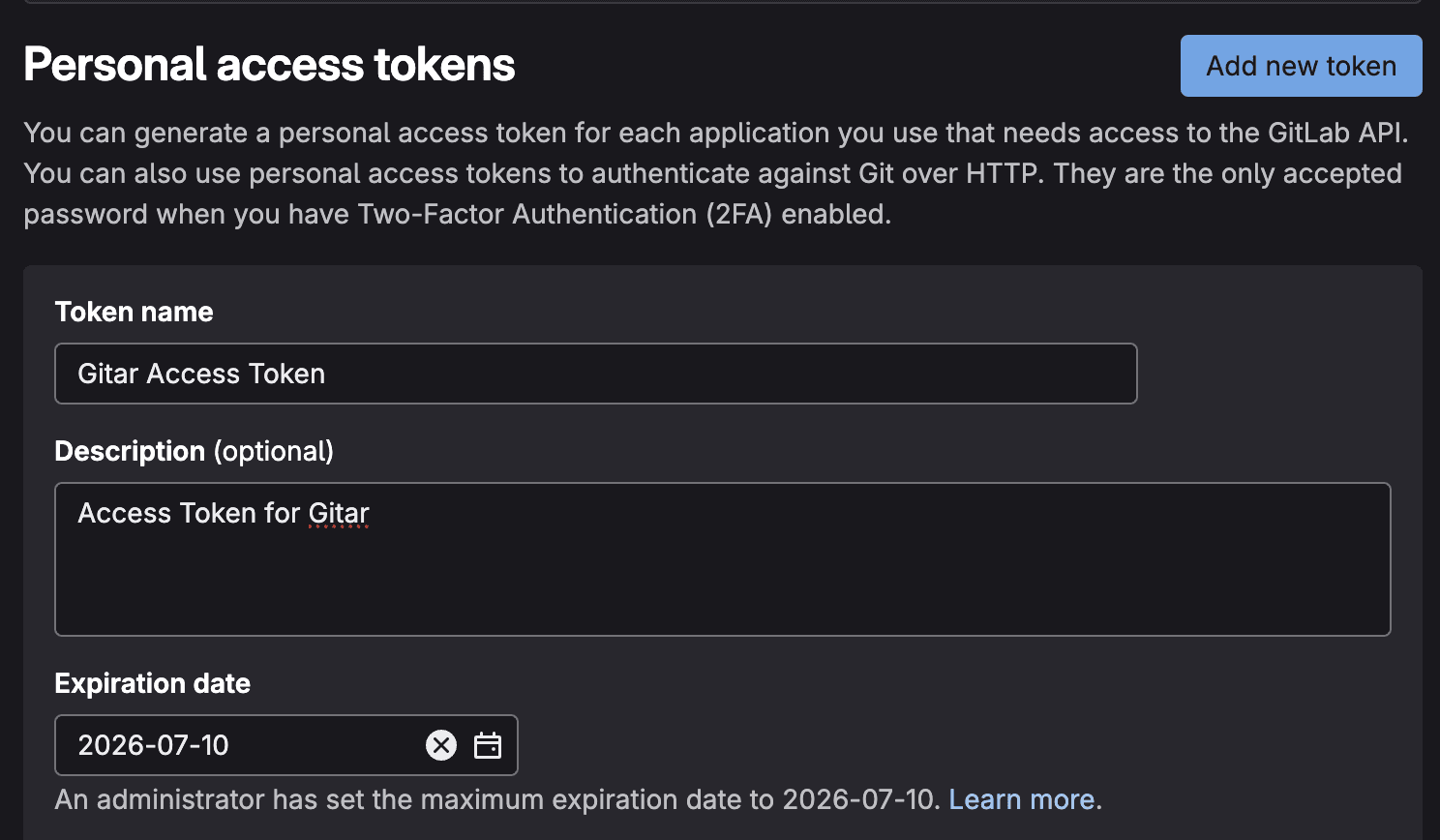 GitLab Personal Access Token generation screen showing token name and expiration settings