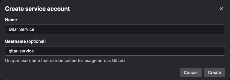GitLab service account creation screen