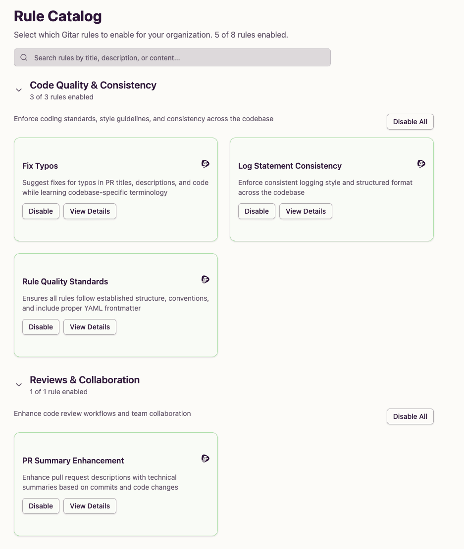 Built-in rules catalog