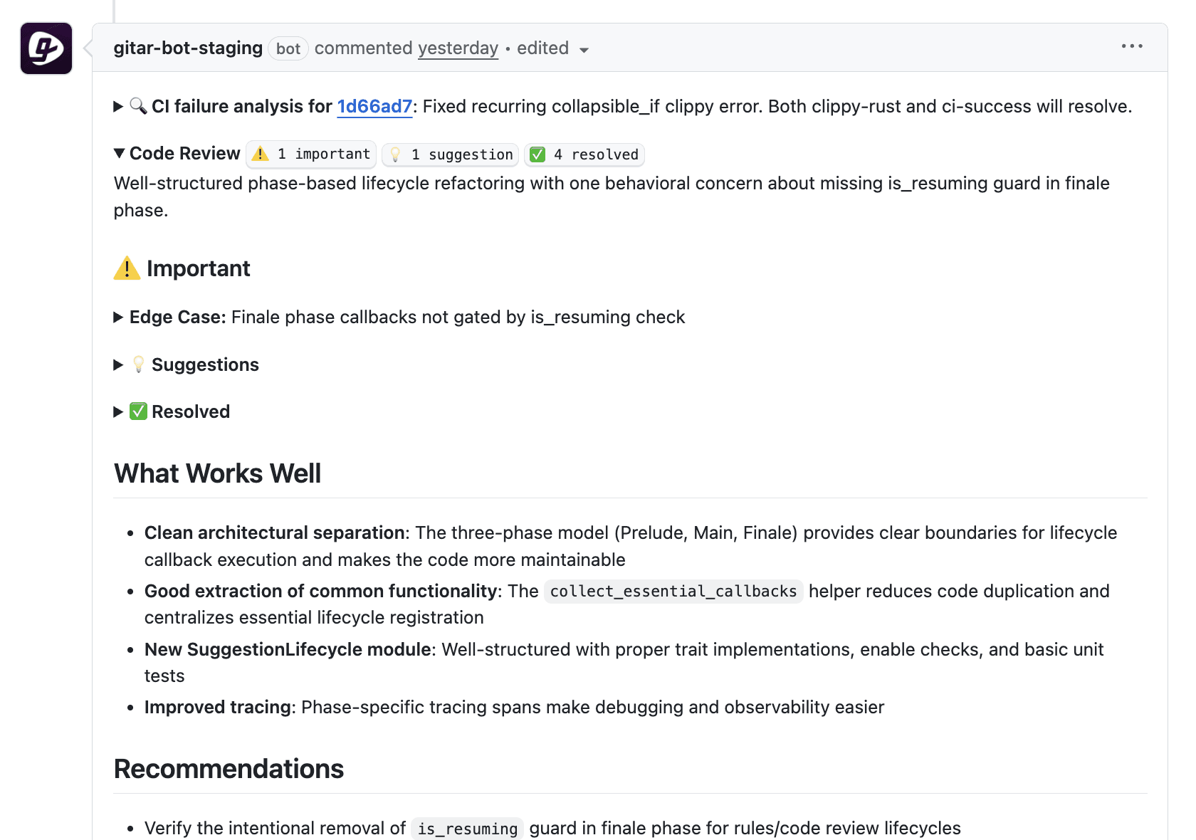 Code review showing findings organized by severity with What Works Well and Recommendations