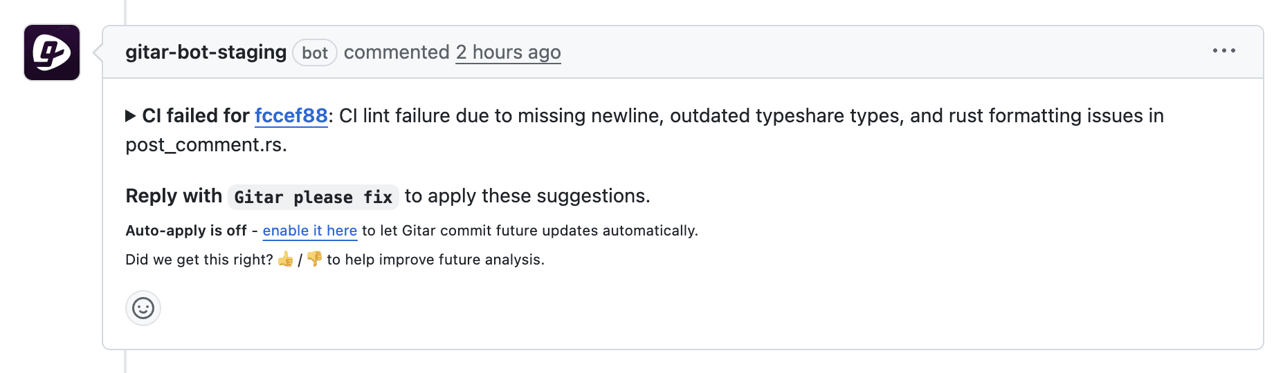 Compact analysis comment format