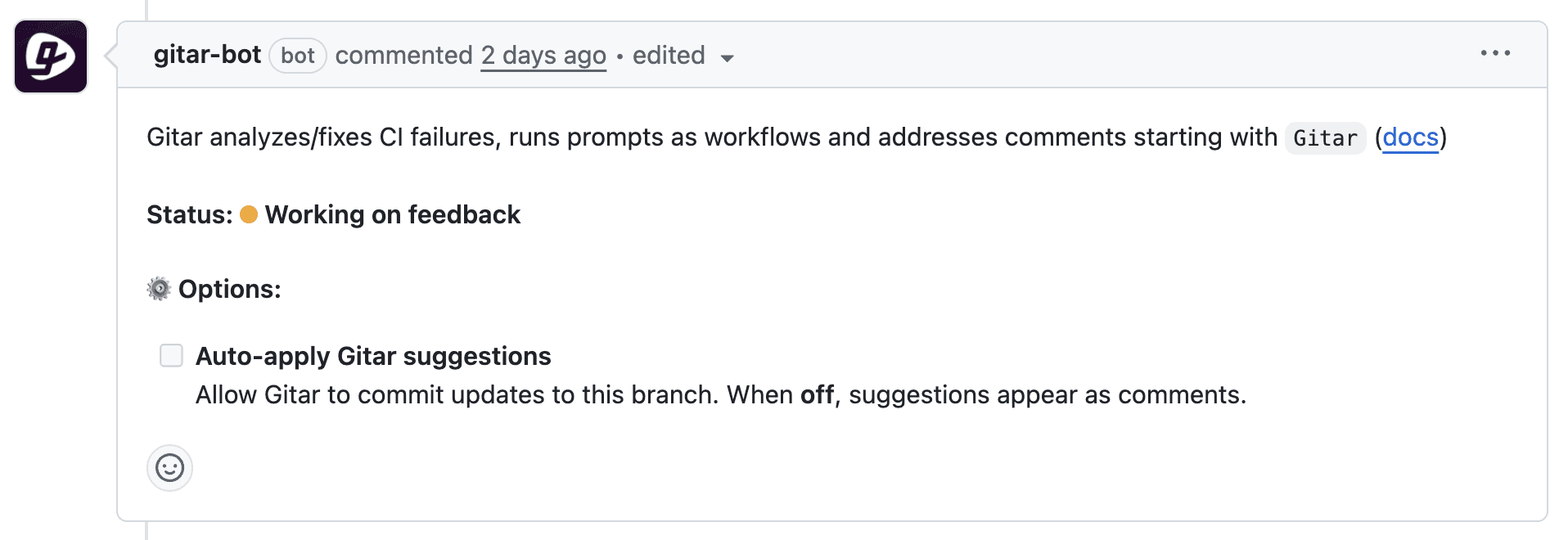 Updated Gitar dashboard comment