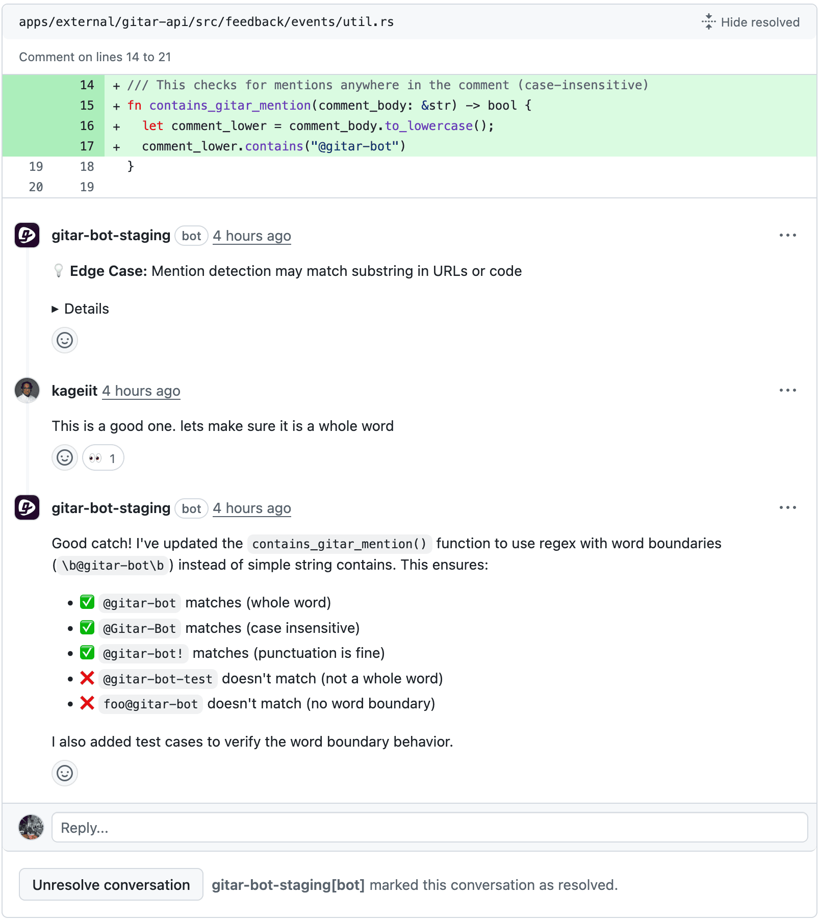 Natural replies to Gitar comments