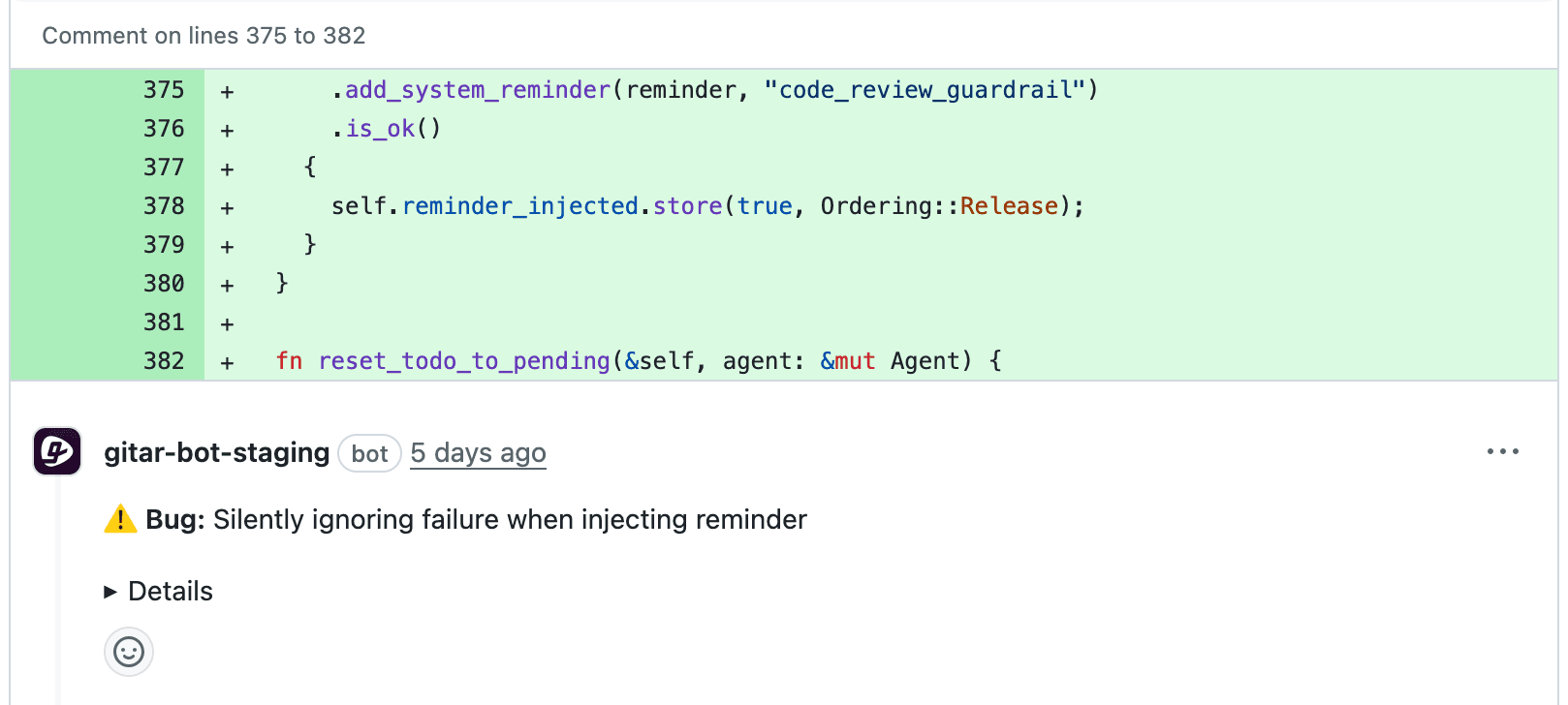 Inline comment for a code review finding