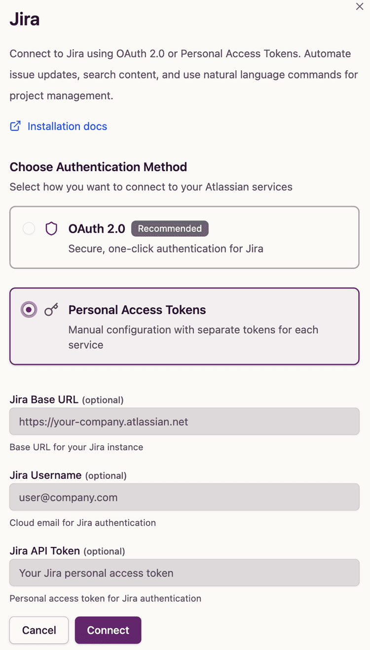 Enter Jira PAT credentials form