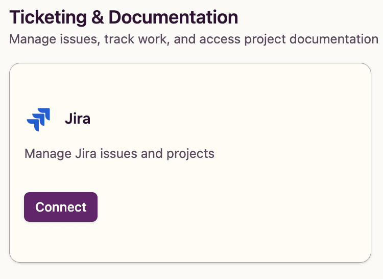 Jira integration card in Gitar settings