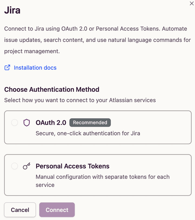 Jira authentication options - OAuth and PAT tabs