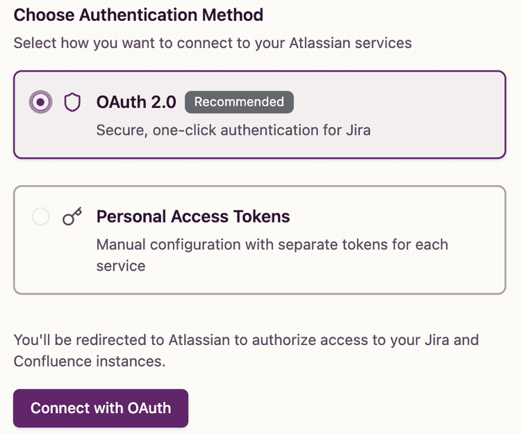 OAuth authentication selection in Jira integration dialog