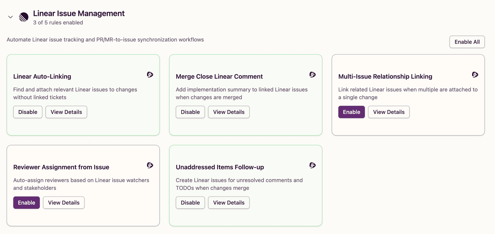 Linear rules in catalog