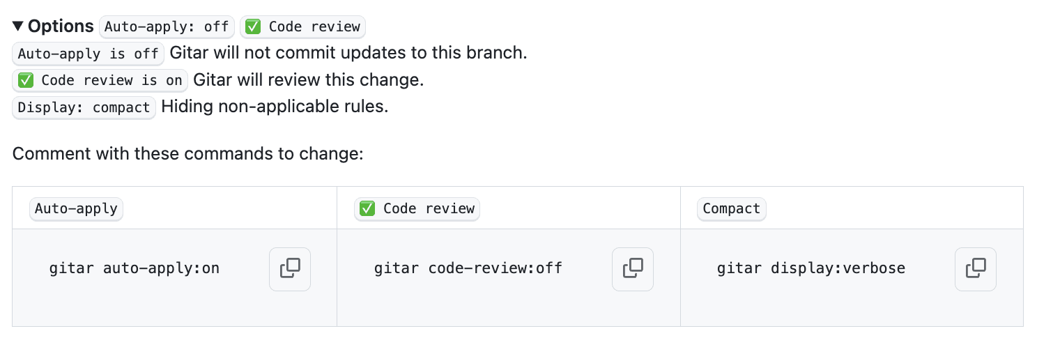 Options section expanded showing commands table