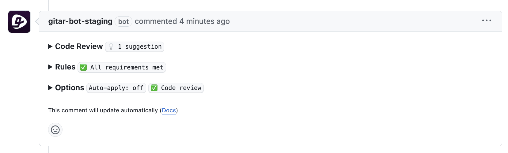 Dashboard comment with collapsed sections showing status indicators