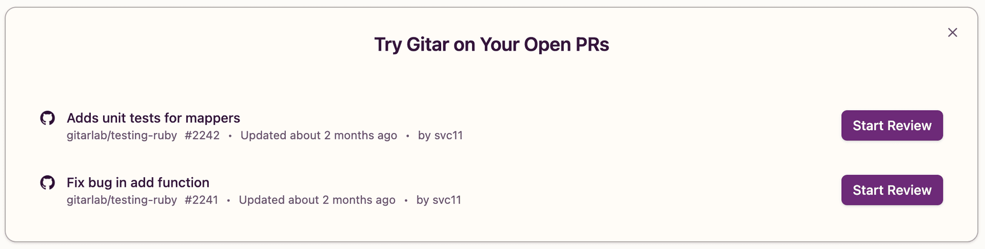 Try Gitar on your open PRs card in dashboard