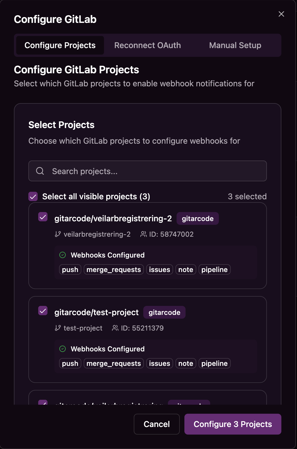 Configure GitLab projects screen showing repository selection