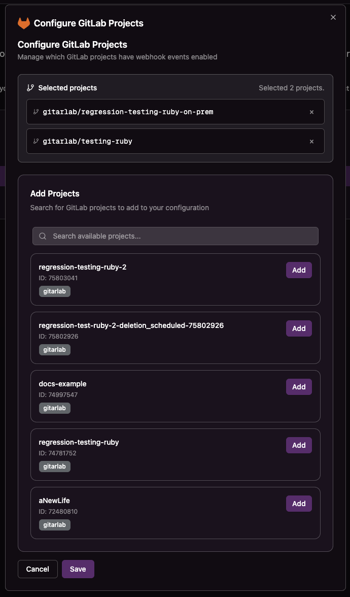 Configure GitLab projects screen showing repository selection