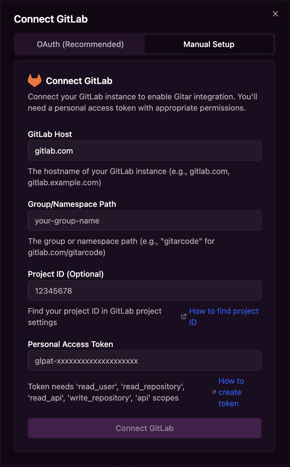 GitLab manual setup screen showing configuration fields