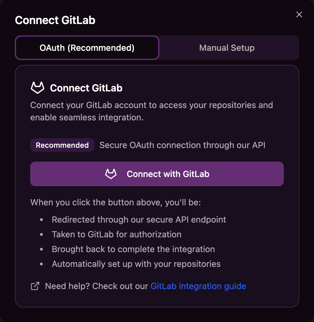 GitLab OAuth setup screen showing the Connect GitLab button
