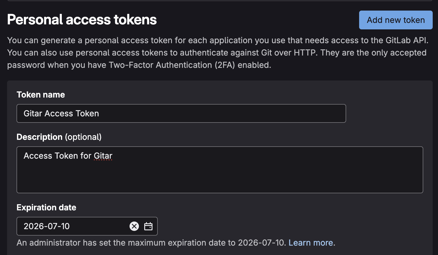 GitLab Personal Access Token generation screen showing token name and expiration settings
