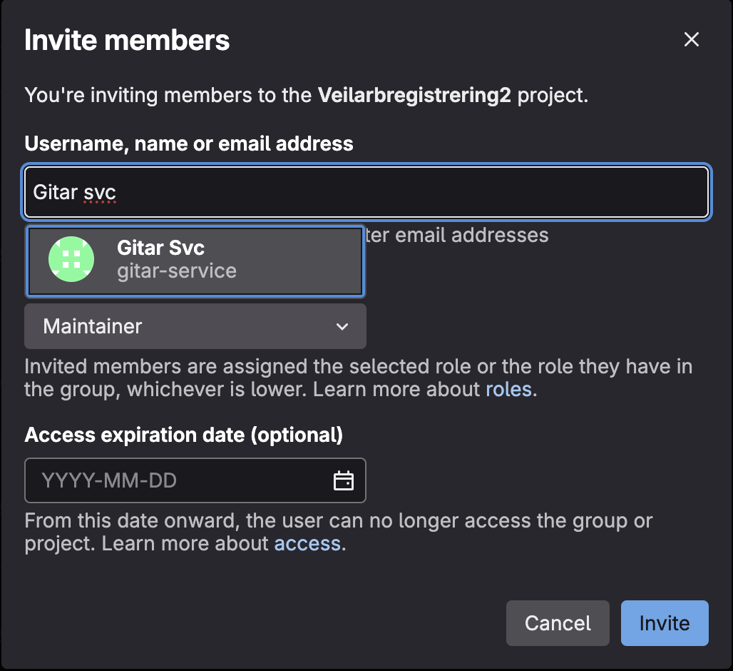 GitLab project members screen showing service account invitation